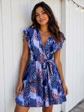 AMANA Blue Abstract Tribal Print Ruffle Sleeve Wrap Dress